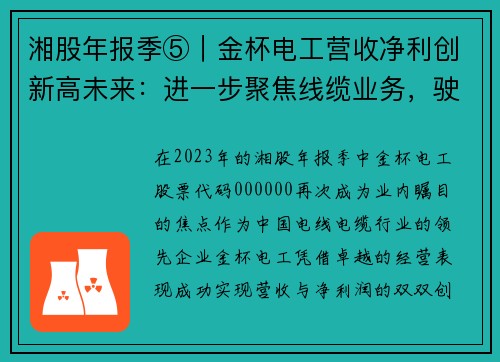 湘股年报季⑤｜金杯电工营收净利创新高未来：进一步聚焦线缆业务，驶向行业巅峰