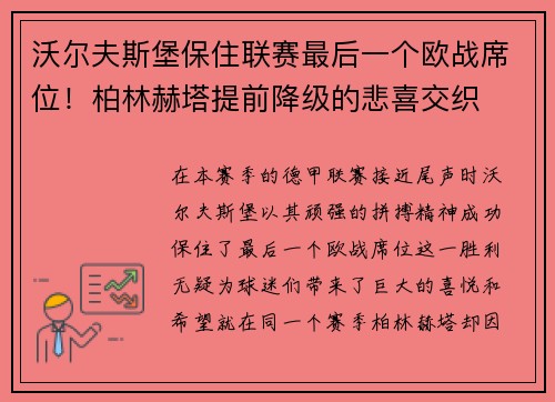 沃尔夫斯堡保住联赛最后一个欧战席位！柏林赫塔提前降级的悲喜交织
