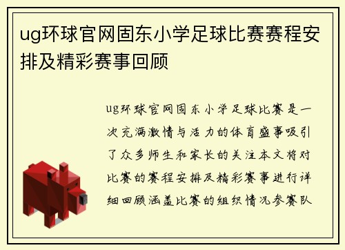 ug环球官网固东小学足球比赛赛程安排及精彩赛事回顾