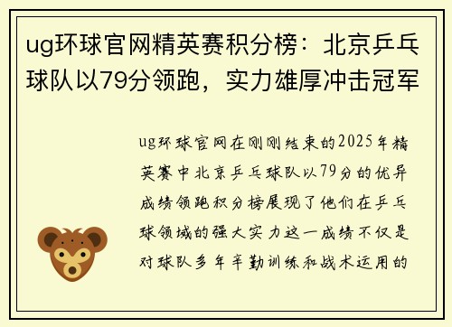 ug环球官网精英赛积分榜：北京乒乓球队以79分领跑，实力雄厚冲击冠军！