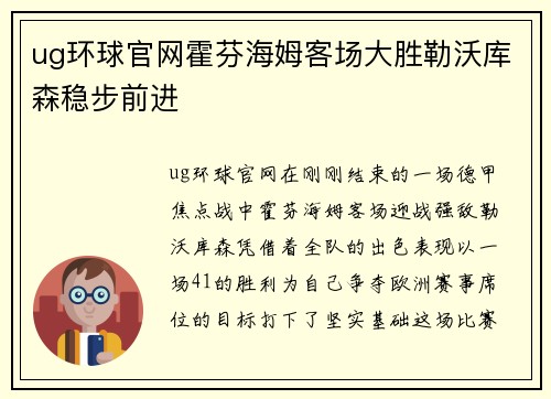 ug环球官网霍芬海姆客场大胜勒沃库森稳步前进